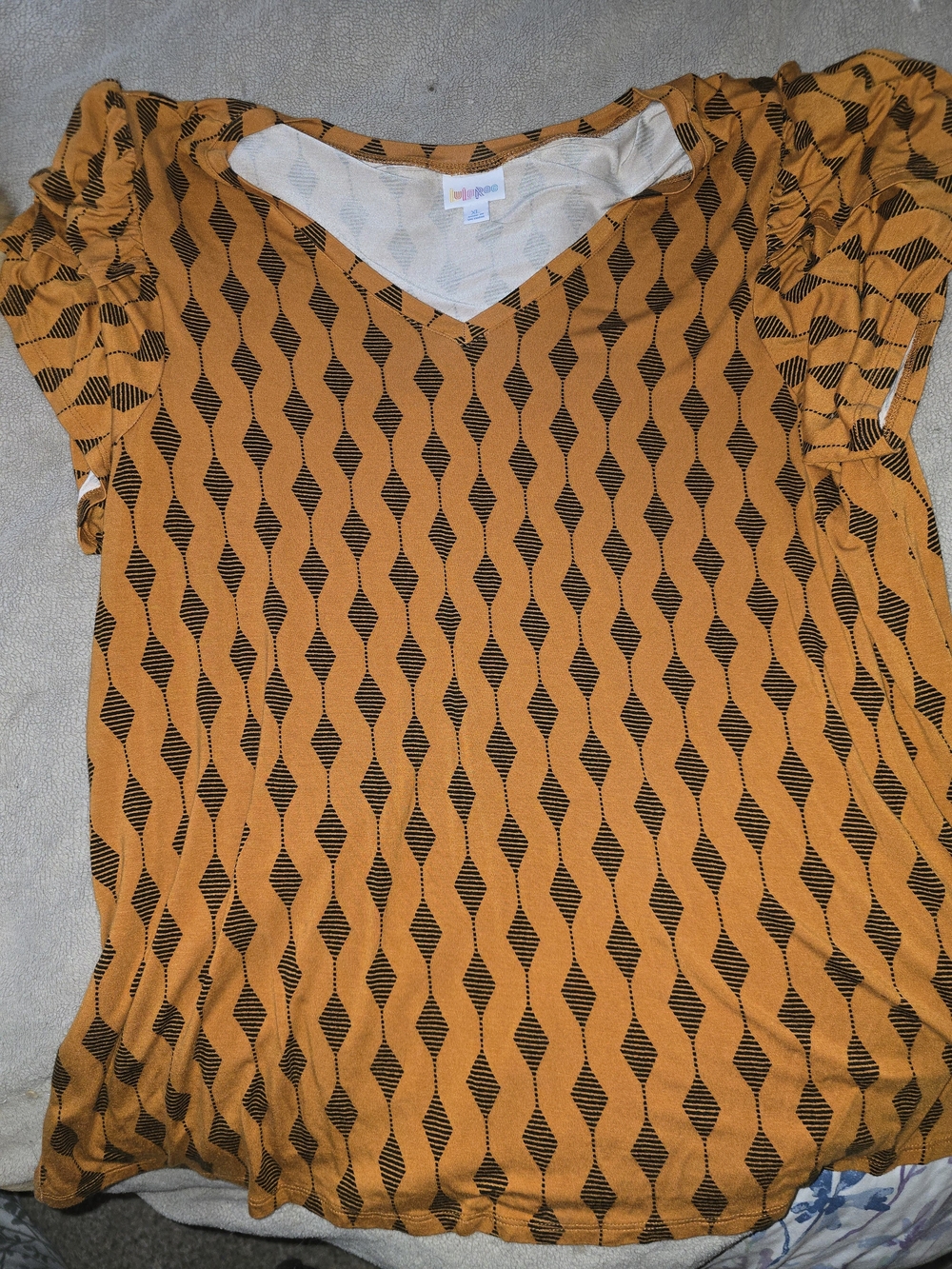 LuLaRoe Mustard Yellow and Black V-Neck Short Sleeve Top